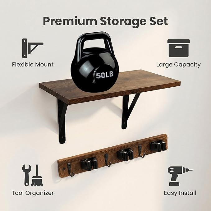 Wooden Broom Holder Wall Mount with Hooks and Shelf Mop Hangers Storage Rack with Cleaning Supplies Organizer Farmhouse Garage Laundry Room Wood Shelf (Brown, 1)