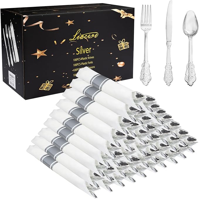 Liacere 400PCS Silver Plastic Silverware - Pre Rolled Napkins Disposable Silver Cutlery-Premium Quality Gold Plastic Utensils - Includes 100Forks,100Knives,100Spoons,100Napkins For Wedding & Party