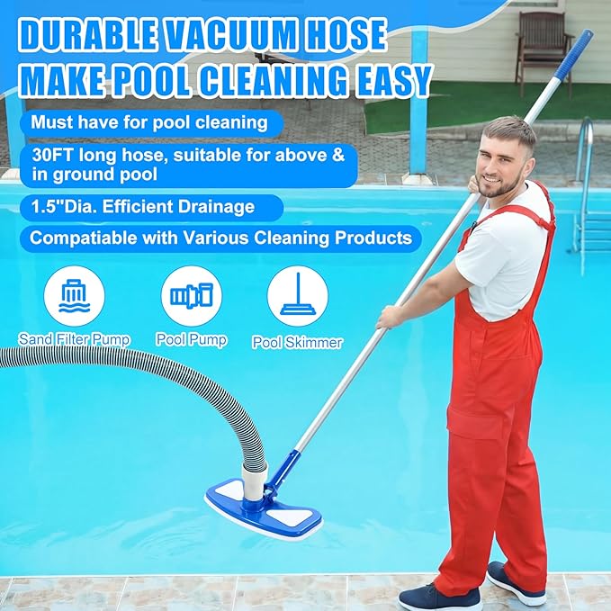 4 Pcs Swimming Pool Vacuum Kits 11.8" Vacuum Head with 1-1/2" x 29.5 ft Hoses, 13.7ft Pole and 17" Skimmer Net Flexible Head with Wheels for Above Ground Inground Hot Tub Cleaning Tool