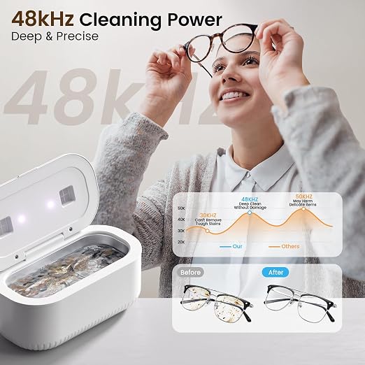48Khz Ultrasonic Jewelry Cleaner, 30W Ultrasonic Cleaner with UV Lights and Dual Brush Ports, 3Modes Jewelry Cleaner Ultrasonic Machine with Digital Timer, 12OZ for Eyeglasse, Denture, Jewelry Cleaner