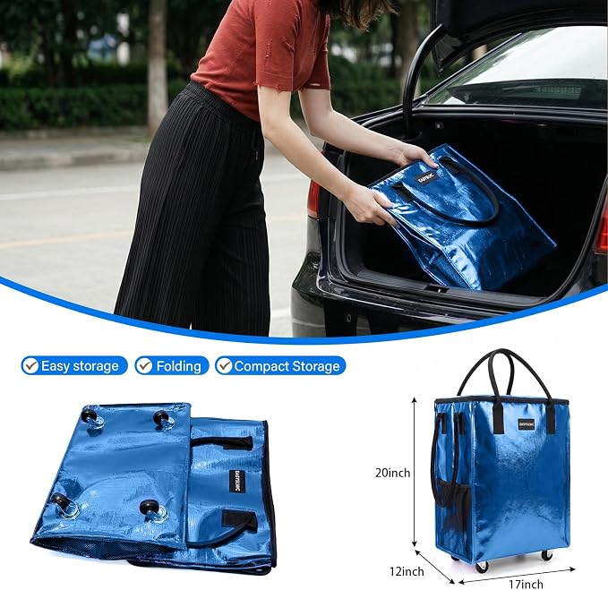 Reusable Hauler Rolling Tote Bag, Collapsible Portable Shopping Bag with Wheels for Groceries, Apartments Laundry, Organization,Heavy Duty Utility Tote Bag for Travel Moving, 75lbs, Blue