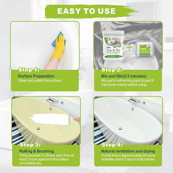 105oz White Tub and Tile Paint, Tub and Tile Refinishing Kit, Semi-Gloss Bathtub Paint for Bathroom, 150-180sq.ft, Low Odor Bathtub Refinishing Kit for Fiberglass, Sink, Kitchen, Shower