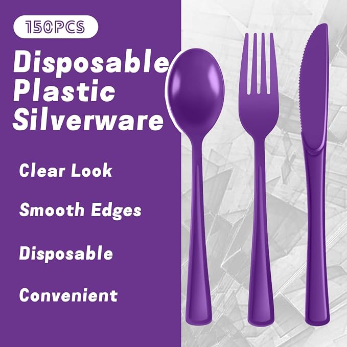 Plastic Silverware 150 PCS Disposable Silverware Heavy Duty Utensil Sets 50 Of Each Forks Knives & Spoons Disposable Cutlery Set For Easter,Birthday,Baby Shower,Garden Party,Wedding(150,Purple)