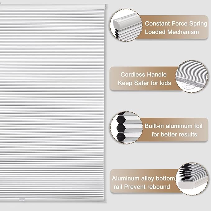 MYshade Cordless Blackout Cellular Shades, 1.5" Honeycomb Window Blinds for Bedroom & Nursery, Thermal Insulated, Noise Reducing, Privacy Shades, Inside or Outside Mount (35" W x 72" H, White)
