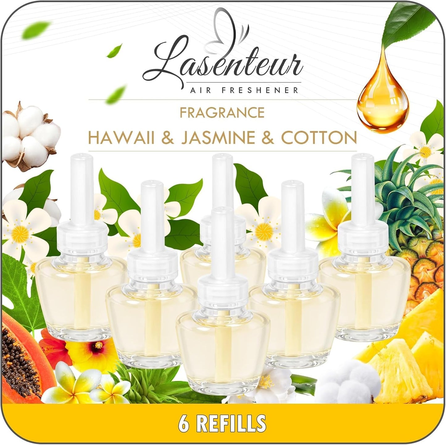 Plug-in Air Freshener Refills - Hawaiian Jasmine Cotton Scented Essential Oil Refills 6 Count Long-Lasting Fragrance - For Room and Bathroom, Compatible with Air Wick,Compatible with Glade
