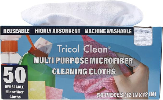 Tricol Clean 50PK Profesional Resuable Lint Free Microfiber Edgeless Cleaning Cloth Cleaning Rags,Absorbent Microfiber Wipes for Housekeeping, Car Cleaning(12 * 12 Inches) (white1)