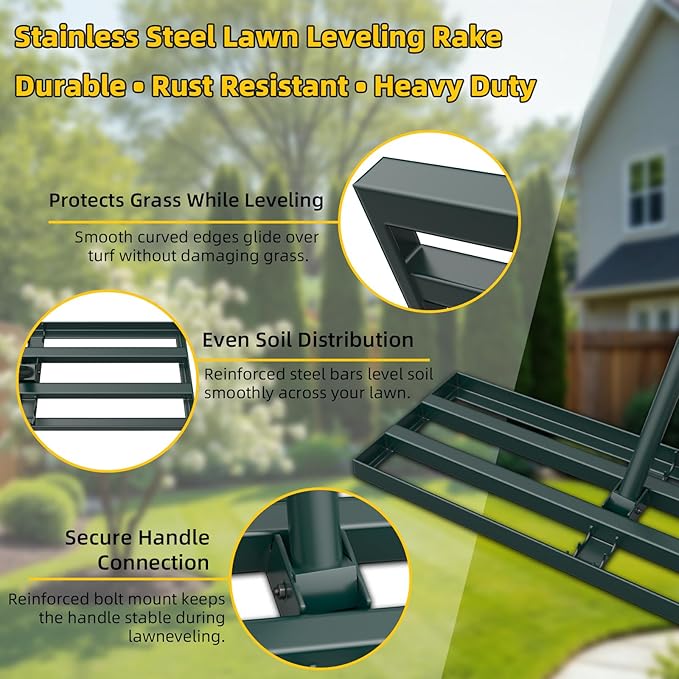 Stainless Steel Lawn Leveling Rake with 70" Adjustable Long Handle – 30"×10" Lawn Leveler for Yard & Garden Soil Leveling, Heavy Duty Top Dressing Rake for Lawn Repair, Landscaping & Grass Care