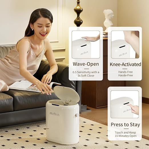 MRBIN Automatic Adsorption Metal Trash Can for Bathroom, Touchless Garbage Bin with Lid, 3.2 Gallon Slim Trash Can for Office and Bedroom, Electric Motion Sensor Waste Basket, Cream White