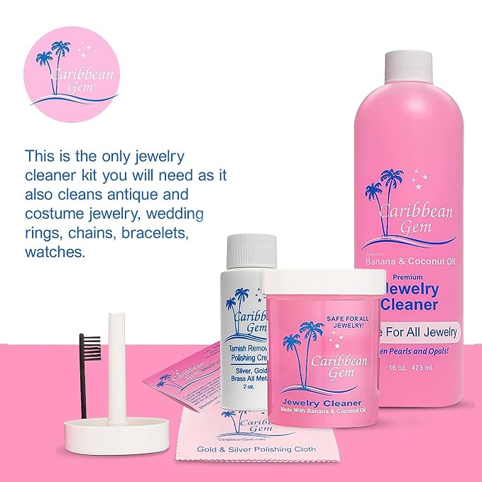 Caribbean Gem Jewelry Cleaner 16oz & 8oz, Basket, Brush, Polishing Cream & Polishing Cloth - Jewelry Cleaning Kit for All Gold, Silver, Diamonds, Rings, Necklaces, Gems, Precious Stones & Metals