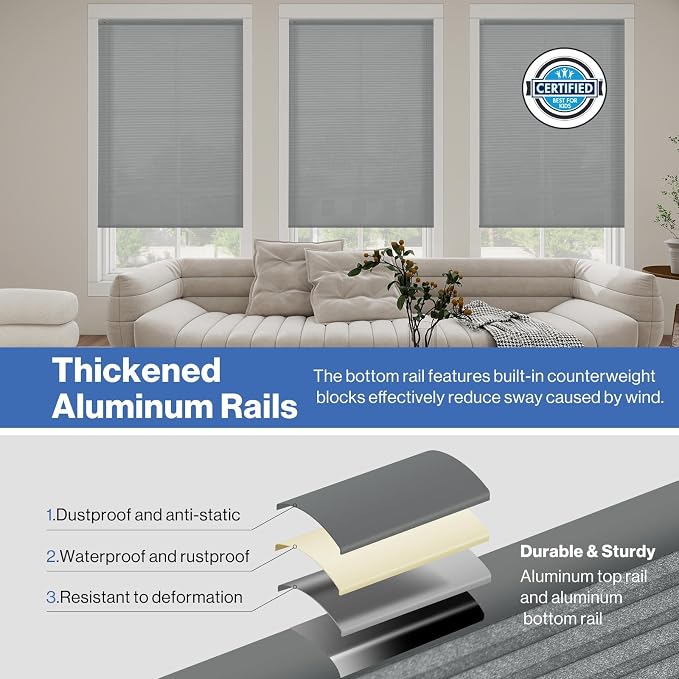 No Drill Cellular Shades, Dark Gray Custom Size Cordless Light Filtering Pull Down Pleated Honeycomb Blind Thermal Insulated Easy Install for Indoor Window Bedroom Living Room Kitchen Door
