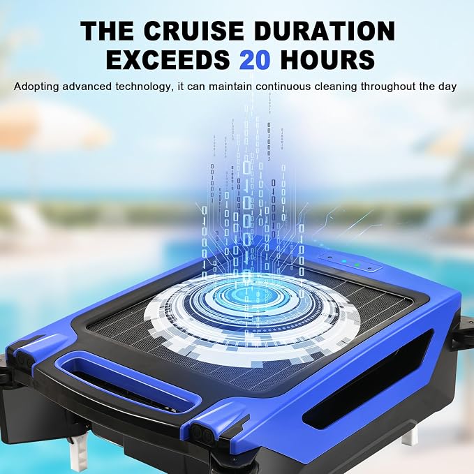 Solar Powered Robotic Pool Skimmer, Automatic Pool Surface Cleaner Robot with 24/7 Continuous Cleaning, App Control, Dual Charging, Ideal for Above Ground & In-Ground Pools (Blue)