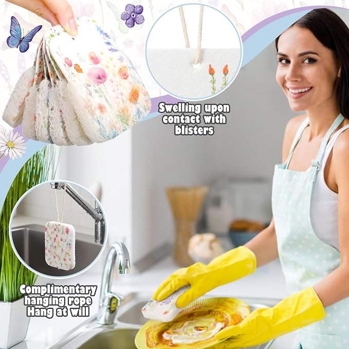 Hahafelt 72 Counts Compressed Cellulose Sponges Bulk Craft Pop up Wildflower Pattern Natural Kitchen Compostable Non Scratch Dish Sponges for Washing Dishes, Cleaning Countertop Sink
