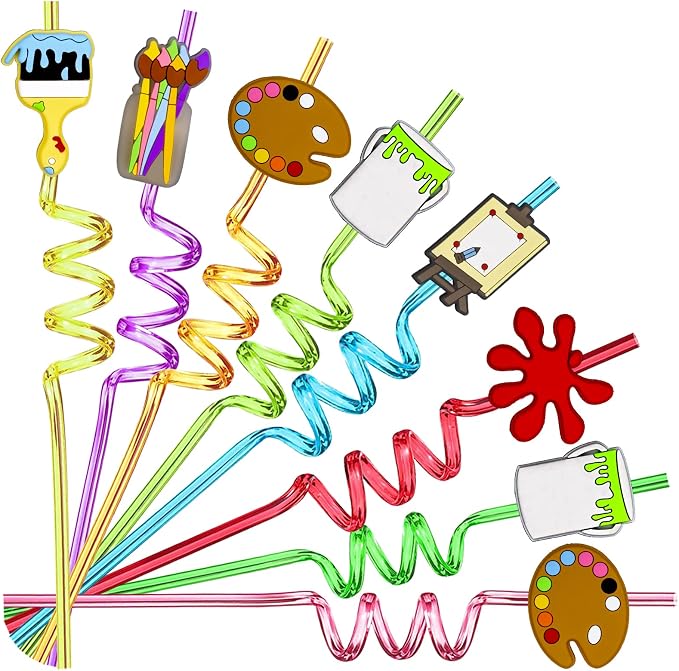 24pcs Art Painting Curly Straws for Cocktail Drink and Brushes Pad Paint Birthday Party Supplies Decorations Welcome Back to School Art Painting Party Favors with 2 Cleaning Brushes 8 Colors Straws