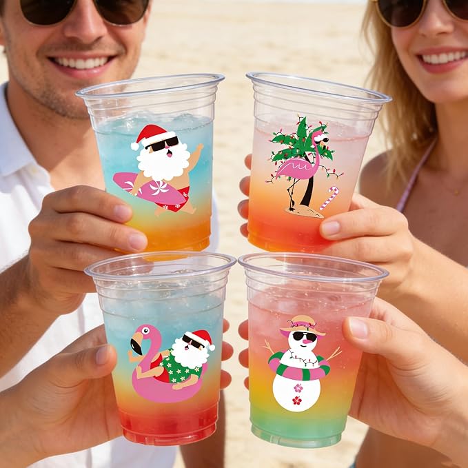 Rngmsi July Christmas Plastic Cups - 50 Pcs Christmas Decorations for Party, 12 OZ Summer Disposable Cups, Xmas Party Supplies Favor