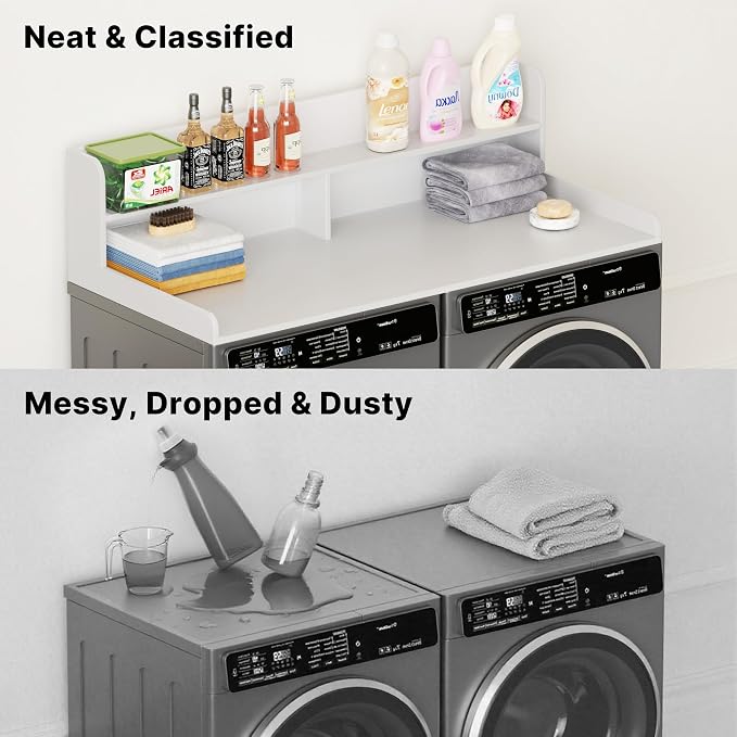Washer Dryer Countertop with Non-Slip Pads, 2.75" H Guard, 54" W x 27.5" D Wood Laundry Countertop Cover, Large Space Washer Dryer Topper for Laundry Room Organization(White)