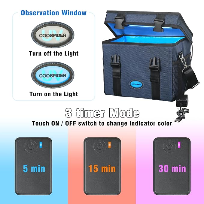 coospider-repta 3.17 Gallon Large-powerful UV Light Sanitizer Ozone Box, Portable Foldable UV Cleaner Bag UVC Household Bag with 3-level Timer for Keys, Towels, Mask Cleaning Machine Blue 12L Ozone