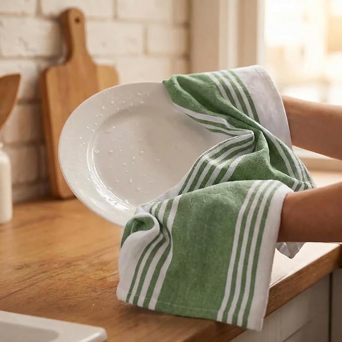 Urban Villa Kitchen Towels 100% Cotton Dish Towels for Kitchen (Set of 6)20”x30” Dish Cloths Highly Absorbent Kitchen Linen Set with Hanging Loop Perfect for Drying Dishes Cleaning Towels-Green White