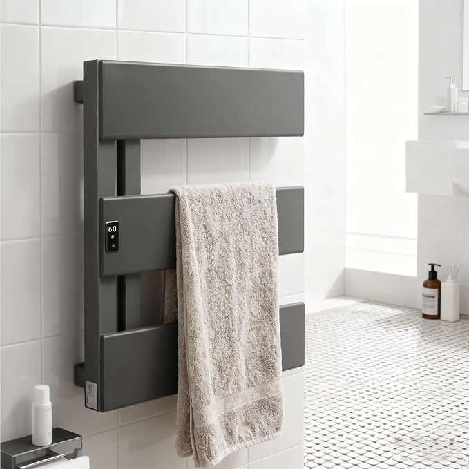 Verida Towel Warmer Rack, Support Hardwired and Plug-in, Wall-Mounted Electric Towel Heater, with Built-in Timer, Waterproof Aluminum Towel Warmer for Bathroom, LV-1S Gray