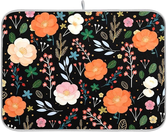 Dish Drying Mat for Kitchen Counter Colorful Flowers Black Absorbent Drying Matt for Dishes Sink Countertop 16'' x 18''