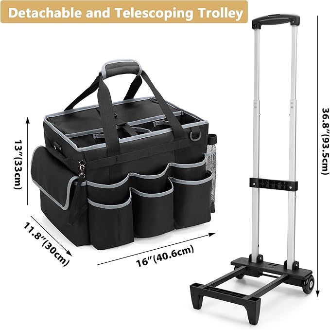 HODRANT Large Cleaning Caddy with Detachable Trolley & Shoulder Strap, Cleaning Supplies Bag with Handles & Support Plates, Cleaning Product Rolling Organizer for Car Wash and Housekeeping