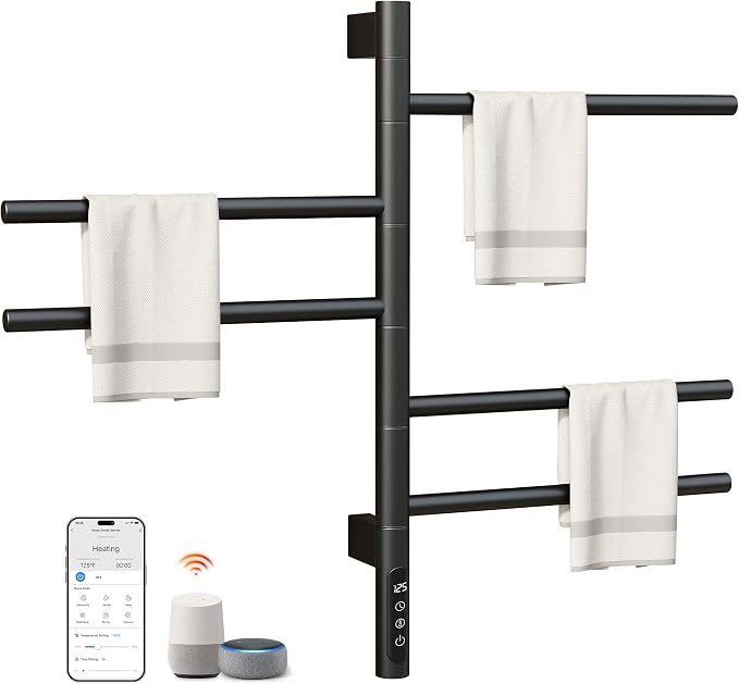 ENZE Smart Rotating Heated Towel Rack for Bathroom, 5-Bar Wall-Mounted Electric Towel Warmer with Swivel Bars, Wi-Fi App Control, 24H Timer, Stainless Steel, IPX5, Hardwired/Plug-in, Matte Black