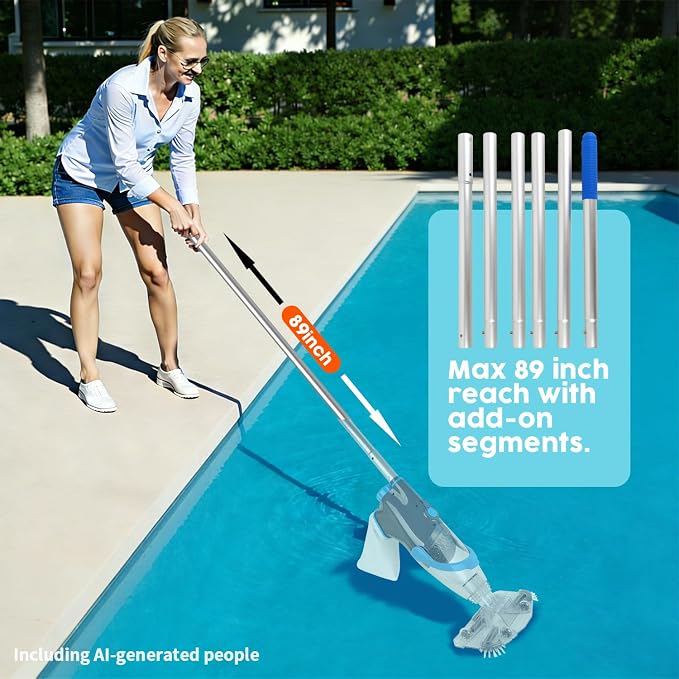 Handheld Pool Vacuum Cleaner, Rechargeable Pool Bottom Cleaner with Strong Suction, 1 H Runtime, 89 inchs Extension Pole,for Above Ground/Inground Pools, Spas and Hot Tubs, Grey