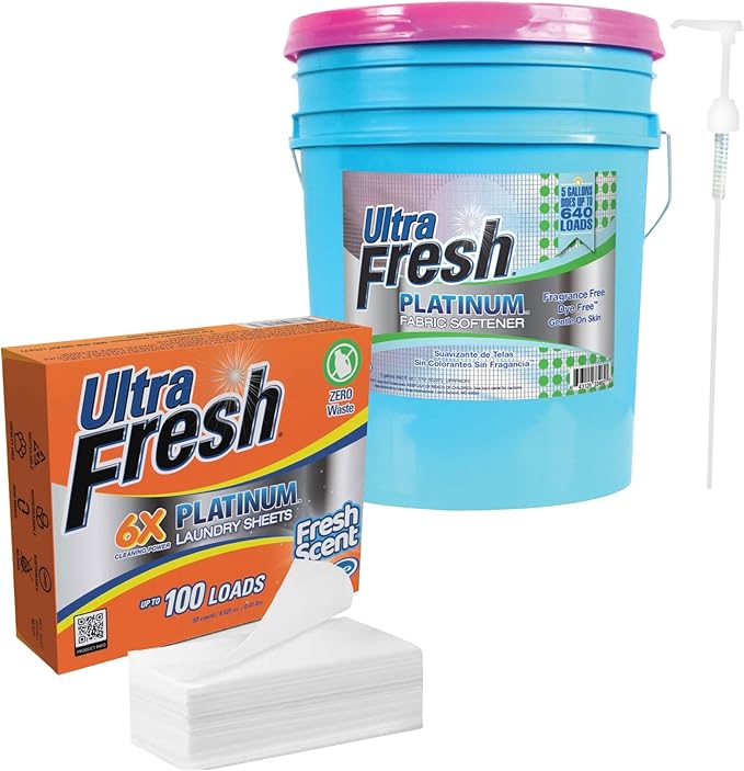 Ultra Fresh Platinum Fabric Softener, Scent Free, Up to 640 Loads, 5 Gallon Bundled with Platinum 6X Laundry Detergent Sheets with Fresh Scent