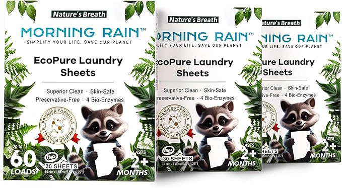 MorningRain Eco-Safe Laundry Detergent Sheets - Ingredients from Finland,Natural Scent, Bio-Enzyme Formula, Power Clean, 90 Sheets (Up to 180 Loads) - Non-Toxic, Preservative-Free, Designed in USA