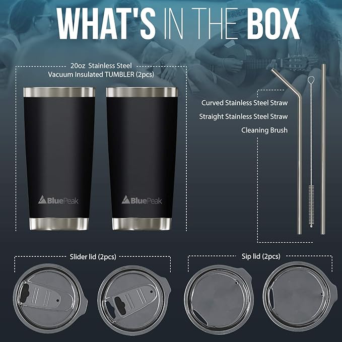 BluePeak Double Wall Vacuum Stainless Steel Insulated Tumblers Set, 2-Pack - Includes 2 Sipping Lids, 2 Spill-Proof Sliding Lids, 2 Straws, 1 Cleaning Brush & Gift Box (20 oz, Black)