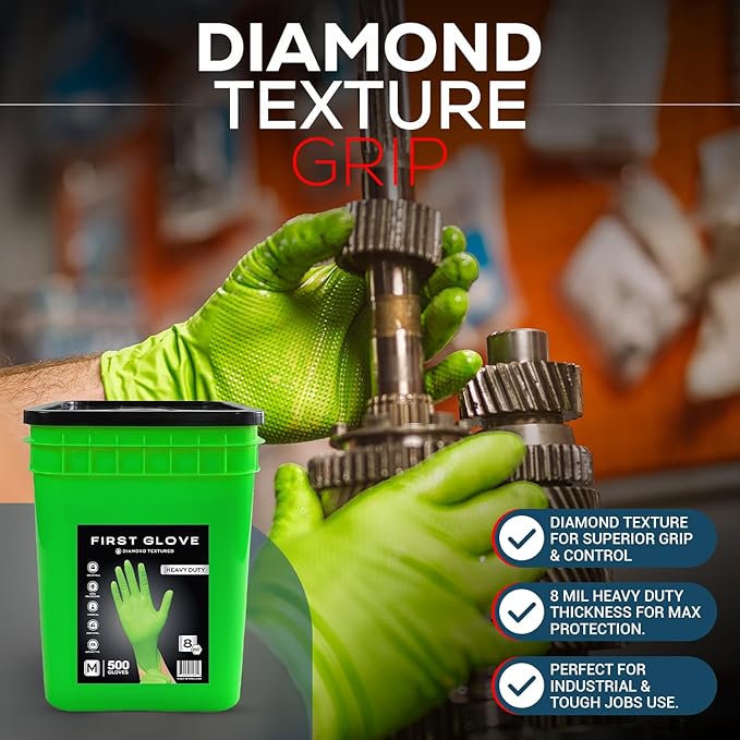 First Glove 8 Mil Green Diamond Texture Nitrile Bucket of Gloves - Industrial Nitrile Gloves - Latex-Free - 500 count