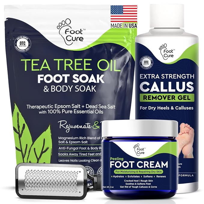 Foot Callus Remover Pedicure Set – Epsom Salt Foot Soak & Callus Remover Gel, Antifungal Cream and Feet Exfoliator for Dead Skin, Pedicure Tools for Feet at Home, Made in USA (4 Piece)