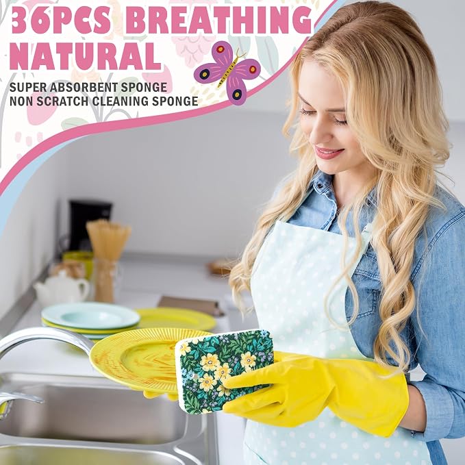 Hahafelt 36 Counts Compressed Cellulose Sponges Bulk Craft Pop up Floral Pattern Natural Kitchen Compostable Non Scratch Dish Sponges for Washing Dishes, Cleaning Countertop Sink