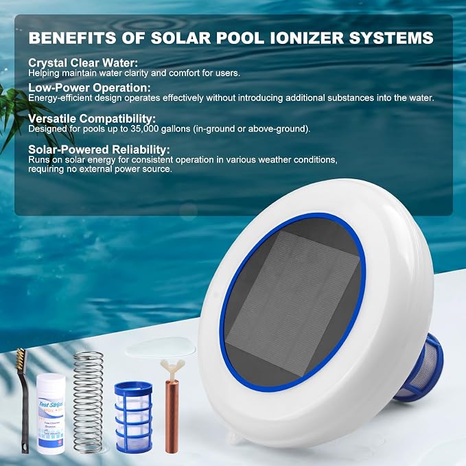 Solar Pool Ionizer for Above Ground Pool with Auto LED Light for Inground Pool Up to 35,000 Gal Floating Pool Cleaner Ionizer for Pool Solar Copper Pool Ionizer