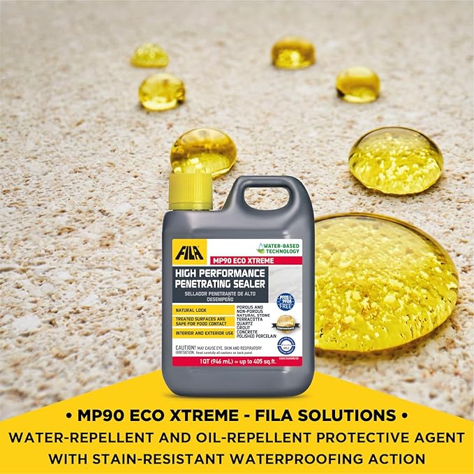 FILA Natural Stone Sealer, MP90 ECO Xtreme, Natural Look Sealer and Stain Protector, Ideal for All Natural Stone, Polished Porcelain Tile and Grout, Eco-Friendly Water Based, 1 QT