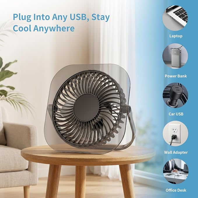 Antarctic Star Ultra-Thin USB Desk Fan, Personal Portable Desktop Cooling Fan with 3 Speeds & Night Light, 5W Powerful Quiet Small Fan for Bedroom Office Home, Powered by USB Cable