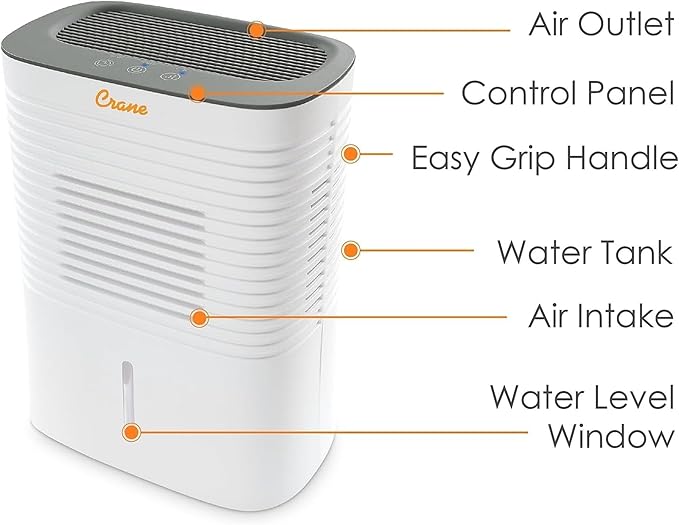 Crane Compact Dehumidifier for 300 Sq Ft Rooms, 0.5 Gallon Tank, For Basements, Bedrooms, Offices, Portable Dehumidifier, Auto Shut-Off, Whisper Quiet