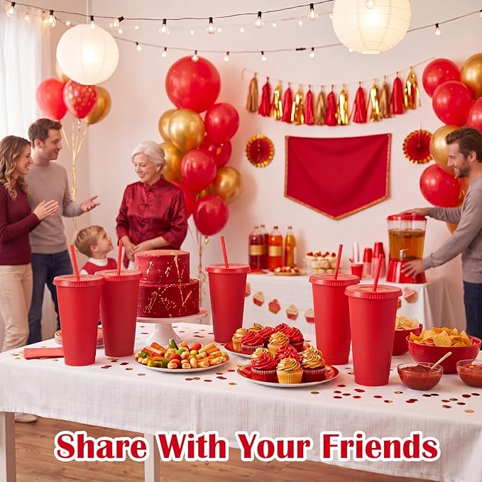 Honeydak 60 Pack Tumbler with Straw and Lid Bulk Cups for Gifts Water Bottle Iced Coffee Travel Mug Cup Reusable Plastic Tumblers for Party Birthdays 24-27 oz (Red Color)