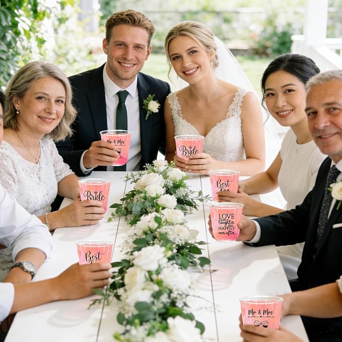 JarThenaAMCS 60Pcs Wedding Disposable Stemless Wine Glasses 12 oz Mr and Mrs Clear Plastic Cocktail Cup PET Drinkware Cups Set for Wedding Bridal Shower Party Supplies