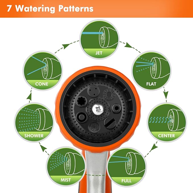 RESTMO Garden Hose Nozzle, Heavy Duty Metal Hose Wand with 7 Adjustable Spray Patterns, High Pressure Hand Sprayer with Flow Control, Best for Watering Plants & Lawns, Washing Cars & Pets