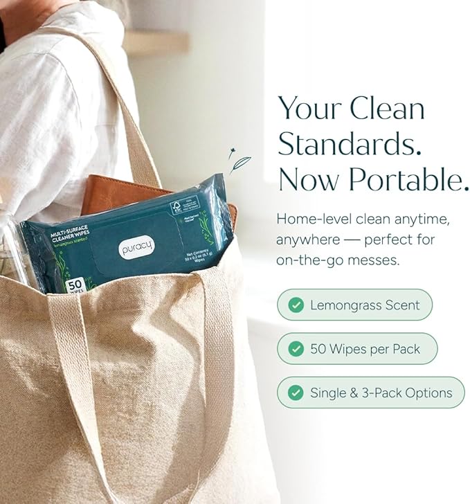Puracy All-Purpose Cleaning Wipes – Non Toxic All Purpose Cleaner for Grease & Grime, Appliance Wipes, Lemongrass Scent (10.8 oz, 3 Pack, 150 Count)