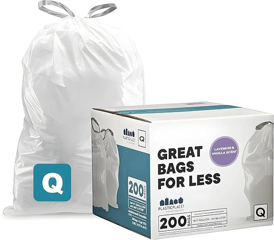 Plasticplace Custom Fit Trash Bags Compatible with simplehuman Code Q (200 Count) Drawstring Garbage Bags 13-17 Gallon White, Tear-Resistant Tall Kitchen Trash Bags for Garbage Cans Recycling 1.2 Mil