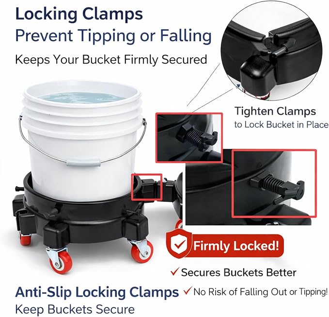 11.5" Rolling Bucket Dolly for 5 Gallon Bucket, Heavy-Duty Bucket Wheels Base with 5 Swivel Casters, Easy Assembly Bucket Cart for Car Wash, Cleaning, Construction & Garage Use, Black