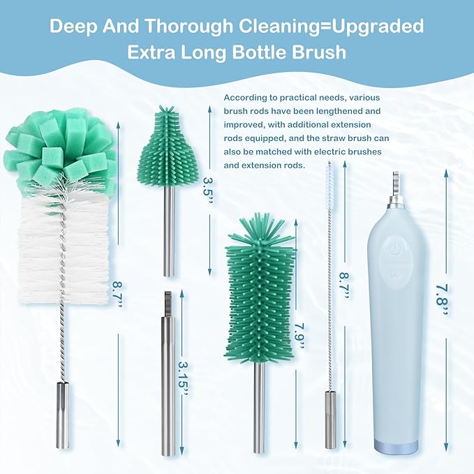 Electric Bottle Brush Cleaner with Holder, Rechargeable Automatic Water Bottle Cleaner with Stainless Steel Extension Handle, Extra Long Water Bottle Brush,Nipple Brush, Straw Cleaner Brush,