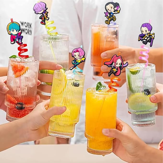 30pcs Demon movie Hunters Straws Hunters Party Supplies Favors With 2pcs Cleaning Brush Plastic Reusable Straws Birthday Party Supplies For Boys Girls