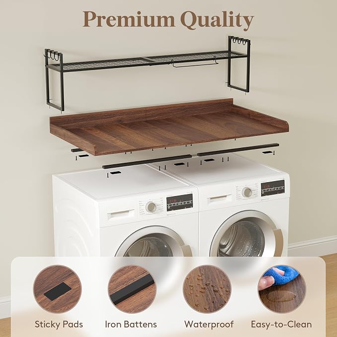 Lifewit Washer Dryer Countertop with Adjustable Shelf, Melamine Cover for The Top with Edge Rails, Towel Rack for Laundry Room Storage and Organization, Hold 200lbs, Walnut, 54" x 27.5"
