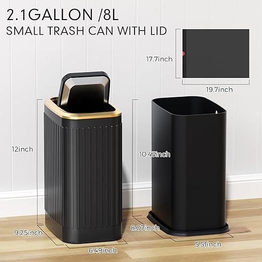 Bathroom Trash Can with Lid 8L/2.1 Gallon Black Trash Can Small Garbage Can with Swing Top Lid Slim Stainless Steel Garbage Can with 100 Counts Trash Bags for Bathroom Bedroom Kitchen Office Toilet