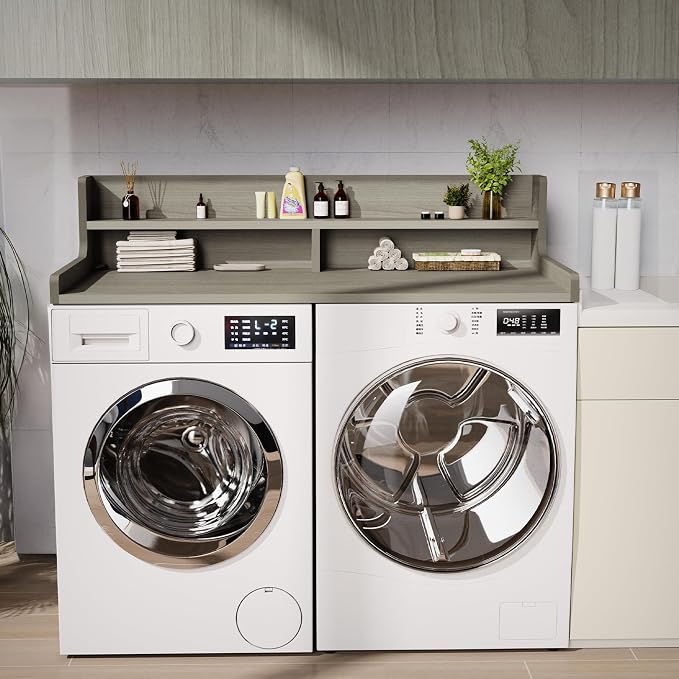 Washer Dryer Countertop, 54" x 27.55" 2-Tier Washer Dryer Topper with Edge, for Laundry Room Organization Pale Grey Wood