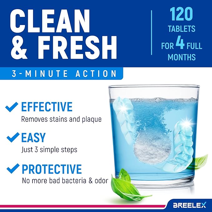 Breelex Denture Cleaning Tablets - 120 Count, Pack of 1-4-Month Supply & Denture Care - All-Purpose Retainer Cleaner Tablets - Gentle Formula for Mouth Guard Cleaner