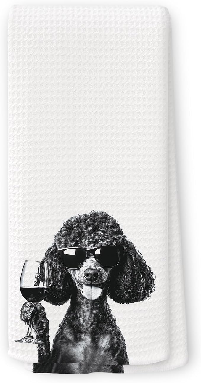 Funny Poodle Wine Kitchen Towels, Gifts for Dog Wine Lovers, Bar Accessories Dish Tea Towels for Kitchen, Dog Owners Housewarming Gift Decorative Hand Towel 16x24 Inch
