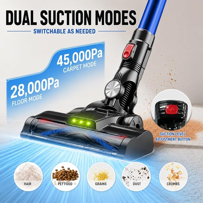 Cordless Vacuum Cleaner, 45Kpa Lightweight Stick Vacuum with Powerful Suction, 45Mins Runtime, Detachable Battery, Anti-Tangle Rechargeable Vacuum for Carpets, Pet Hair, Hardwood Floors